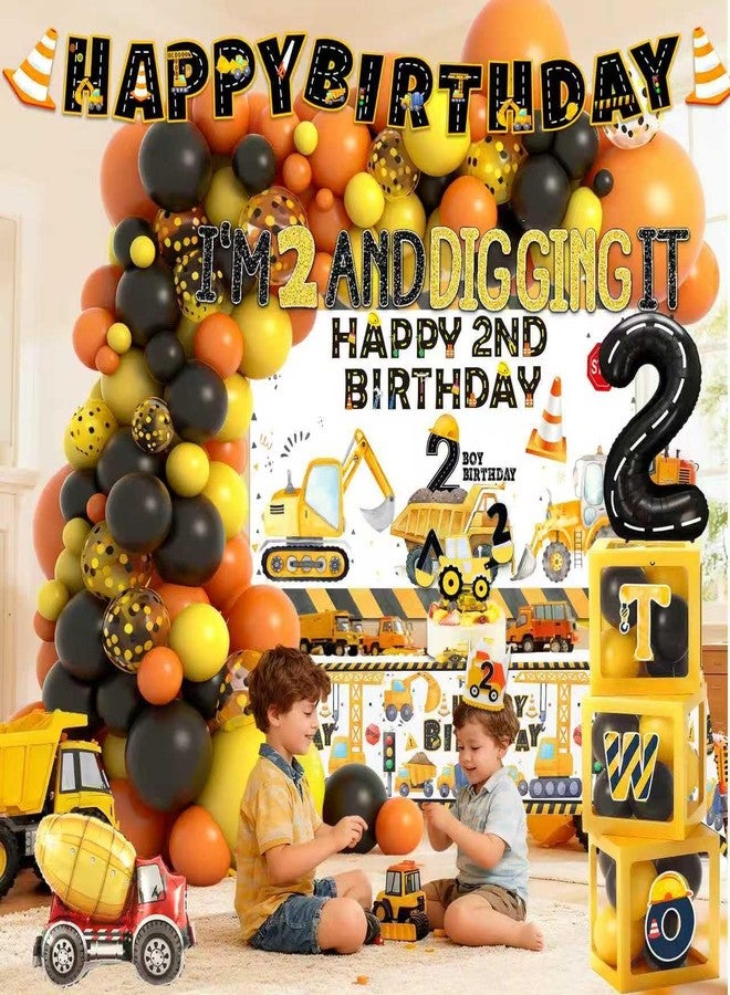 BEOXAGAR Construction 2nd Birthday Party Supplies Boy Dump Truck Digger Zone 2nd Birthday Decorations include Balloon Garland Balloon Box Highchair Banner Cake Topper Hat Backdrop Banner Tablecloth - Image 3